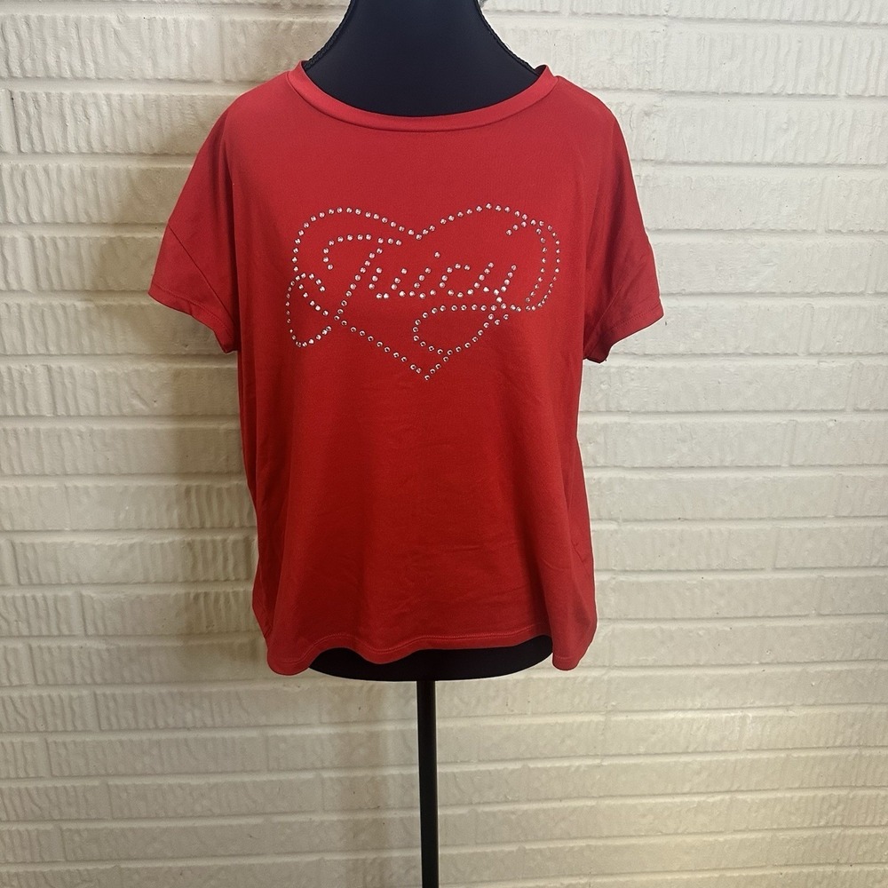 Juicy Couture Y2K Rhinestone Tee Shirt Cropped‎ Size M Red Bling "Juicy" Retro